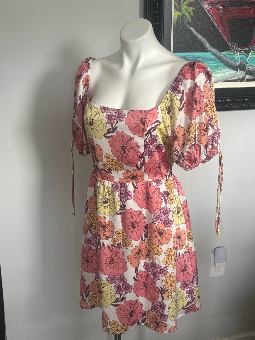 Peach Love California Puff-Sleeve Floral Mini Dress in Pink, Coral & Yellow